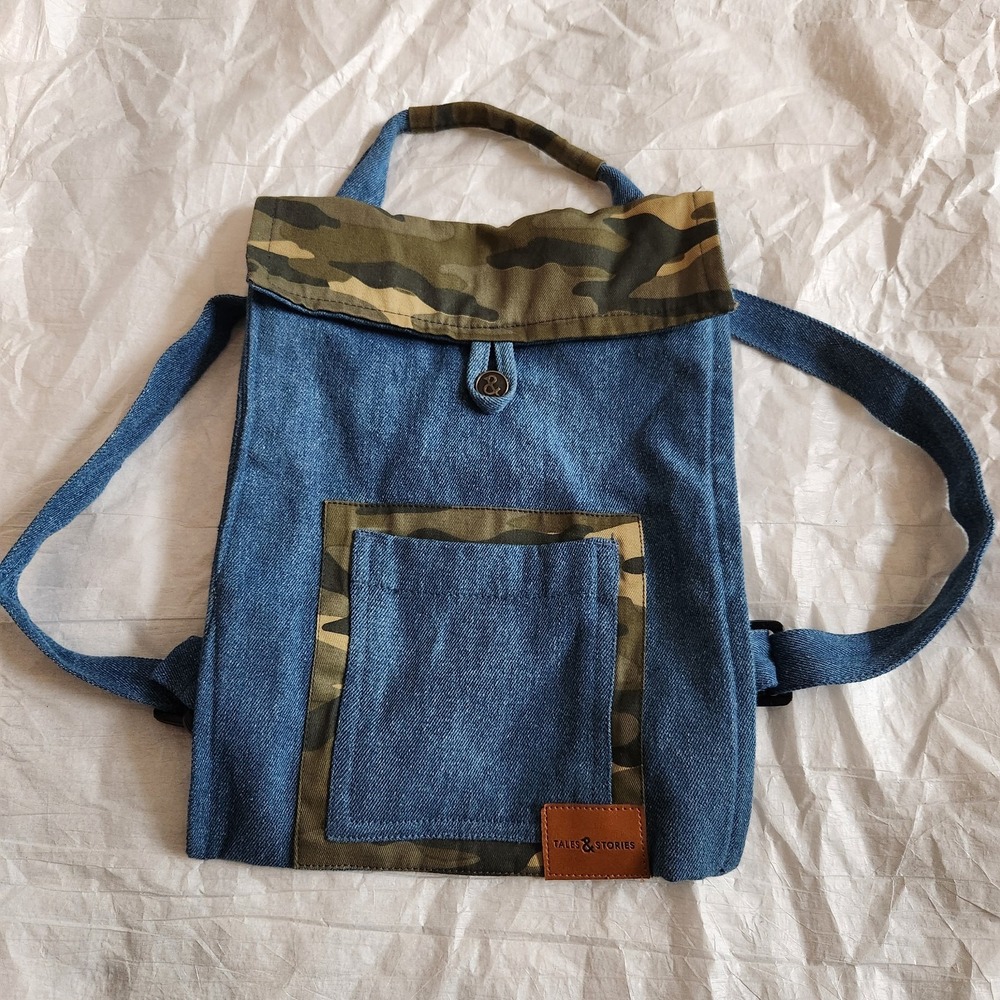 New Tales & Stories Denim & Camo Convertible Backpack Tote Bag Kids Unisex Blue